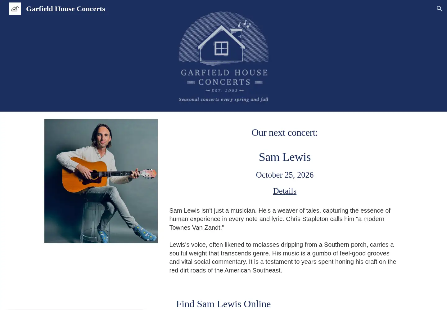 Captured homepage of garfieldhouseconcerts.com in the current scan