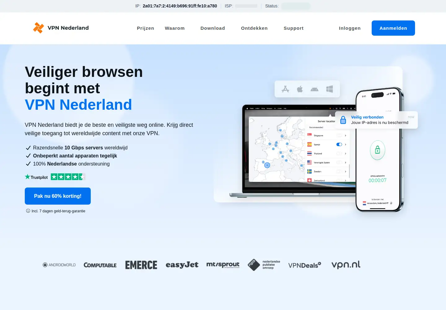 Captured homepage of vpnnederland.nl in the current scan