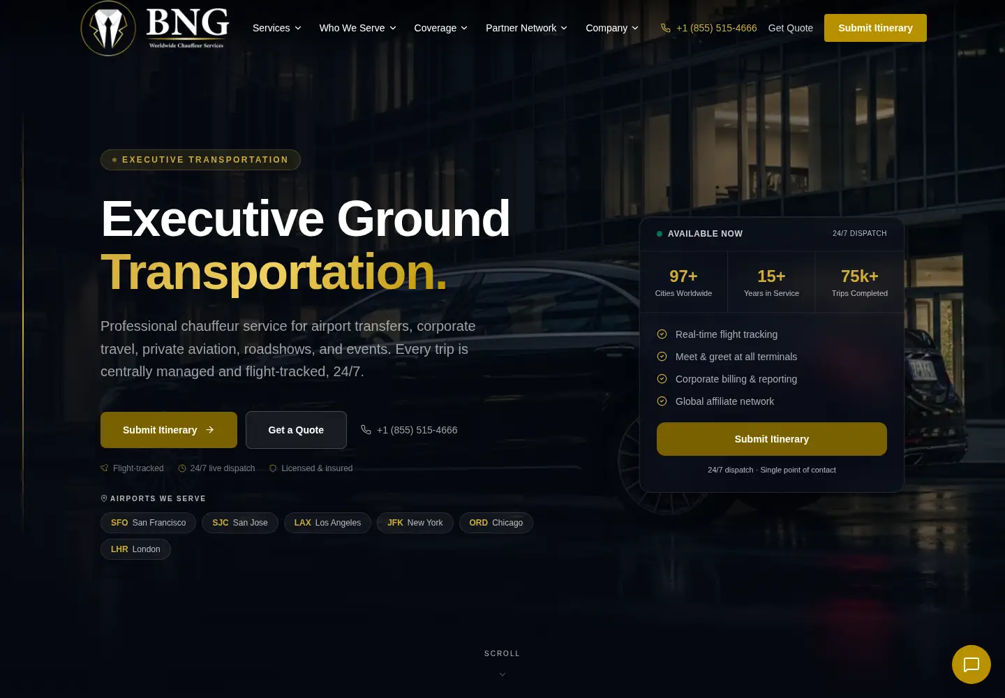 Captured homepage of bnglimousine.com in the current scan