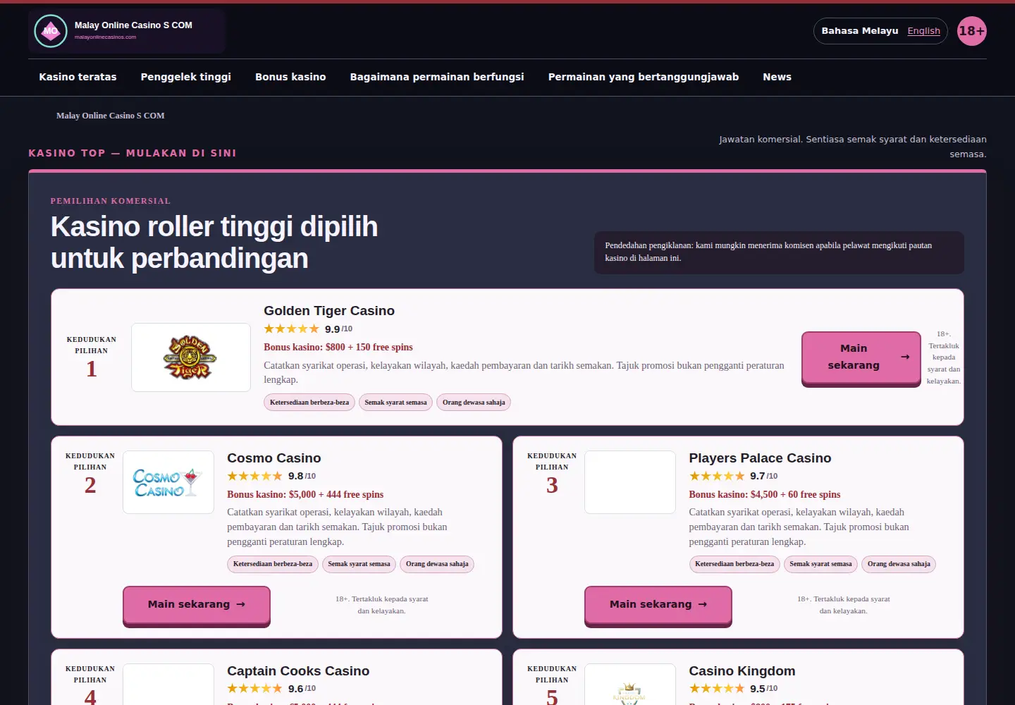 Screenshot of malayonlinecasinos.com