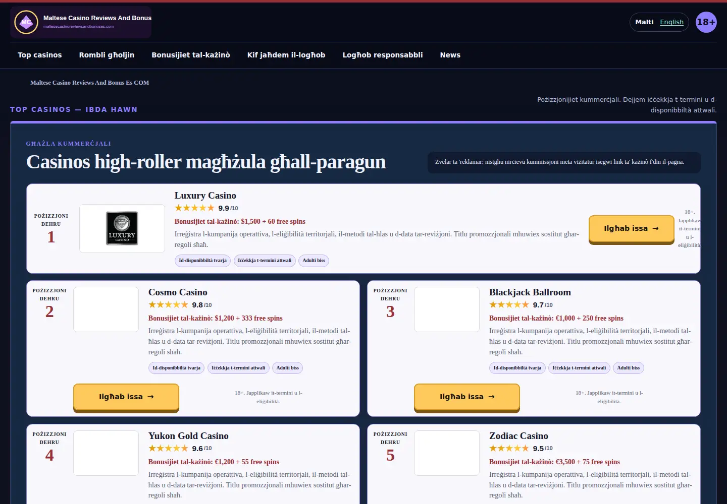 Screenshot of maltesecasinoreviewsandbonuses.com