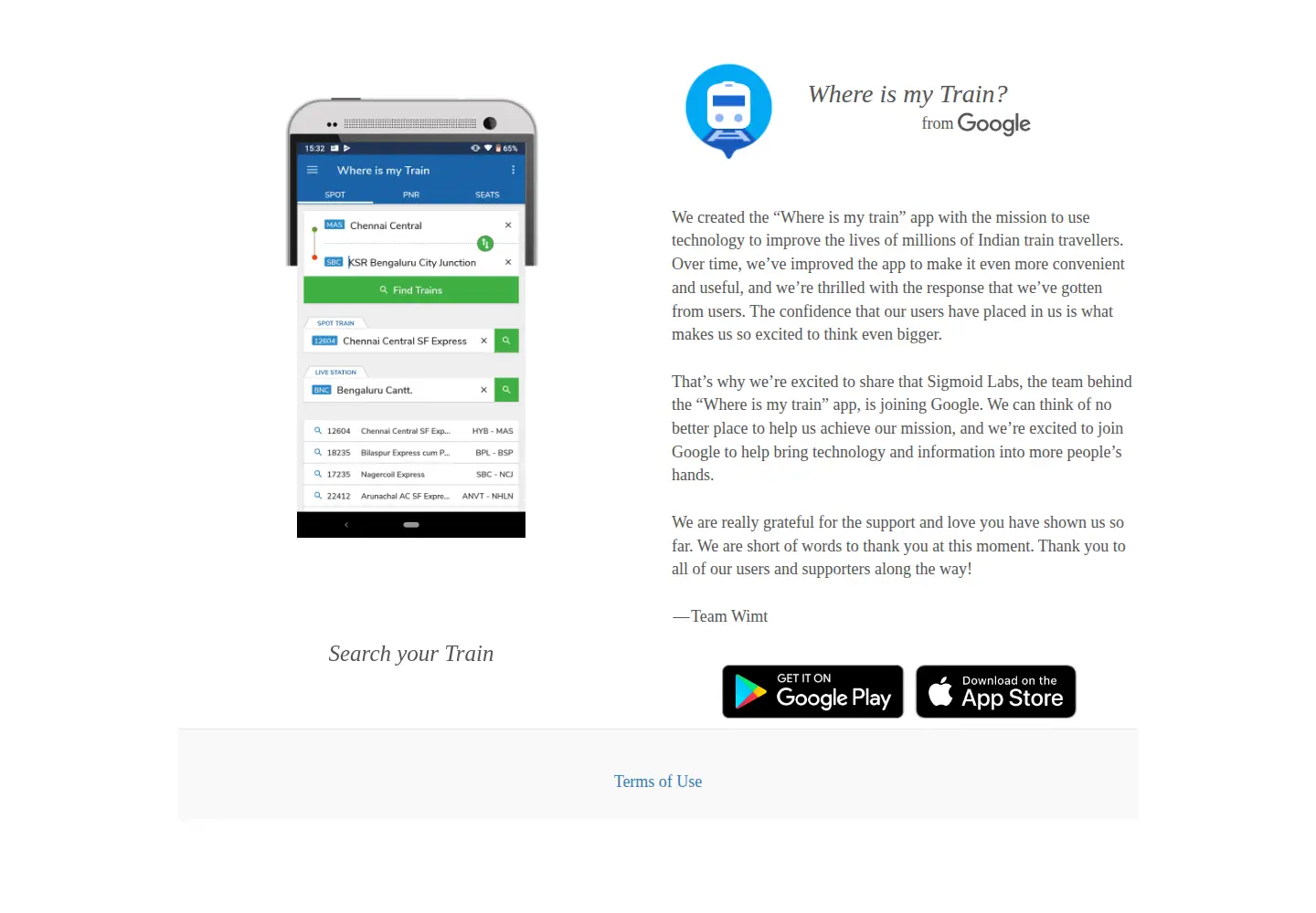 Screenshot of whereismytrain.in
