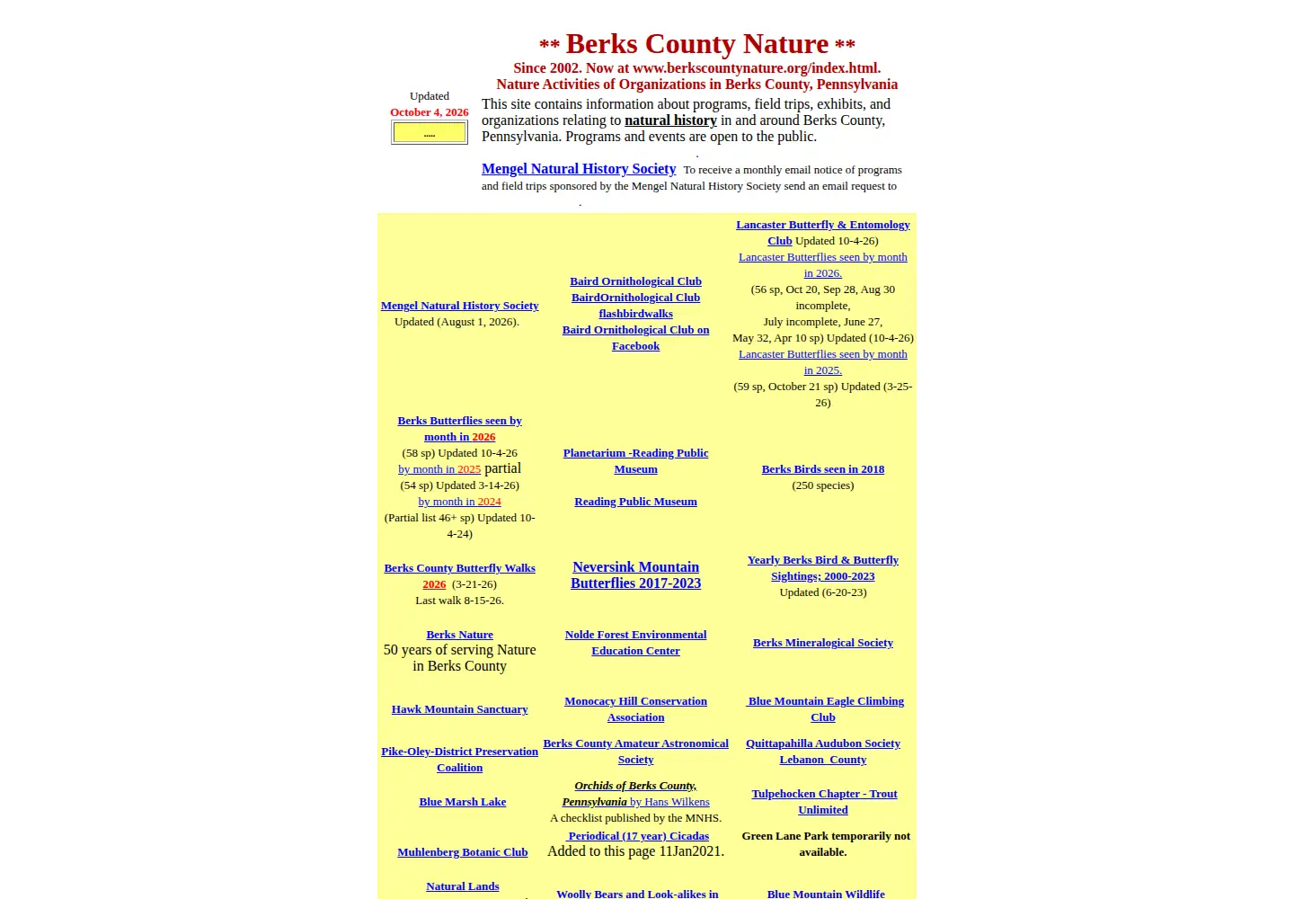 Captured homepage of berkscountynature.org in the current scan