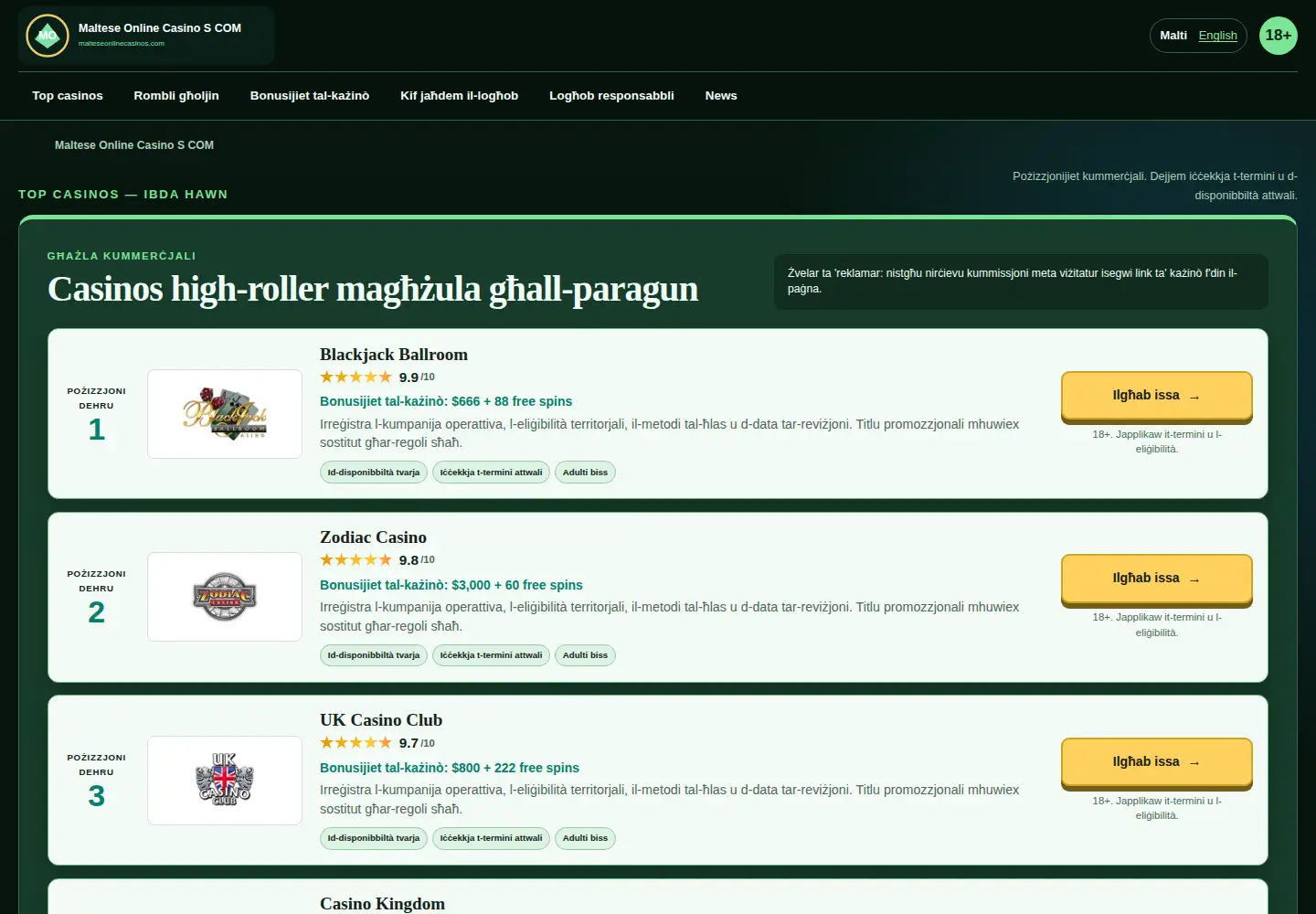 Screenshot of malteseonlinecasinos.com