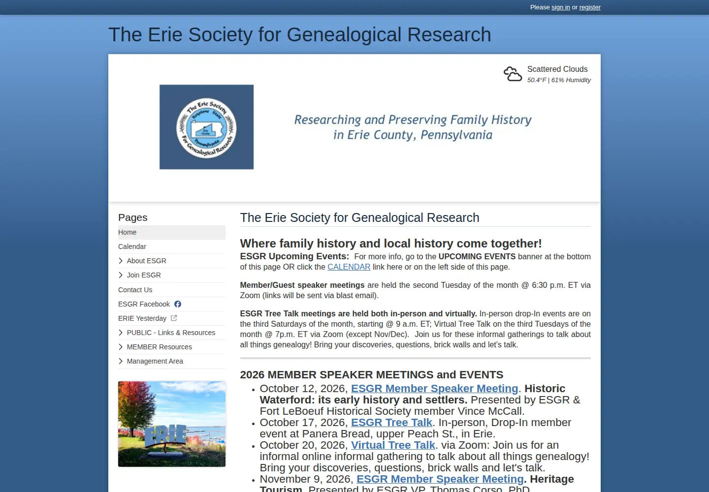 Captured homepage of genealogyerie.org in the current scan