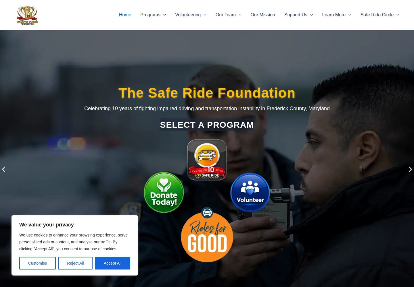 Captured homepage of saferidefoundation.org in the current scan