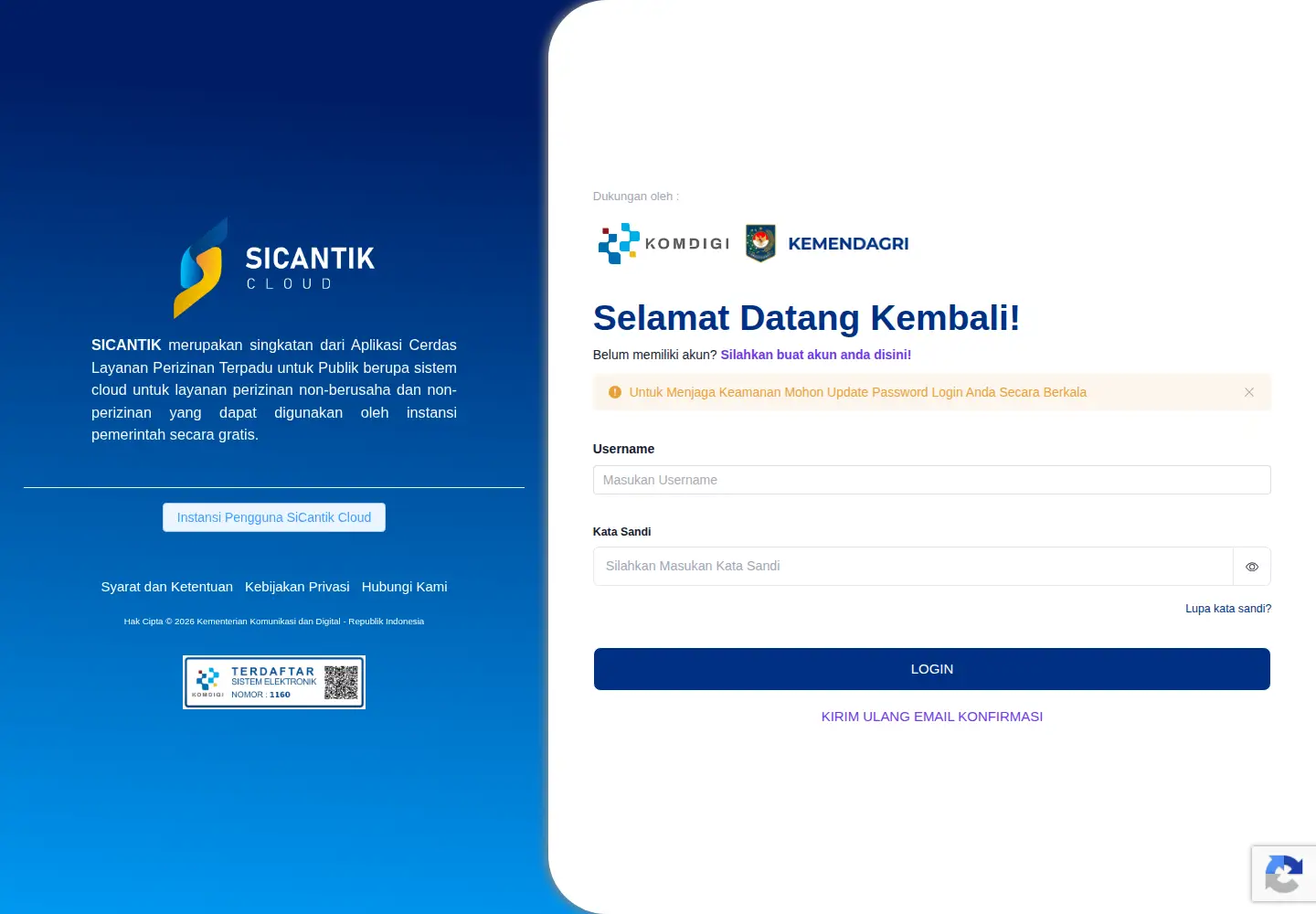 Captured homepage of sicantik.go.id in the current scan