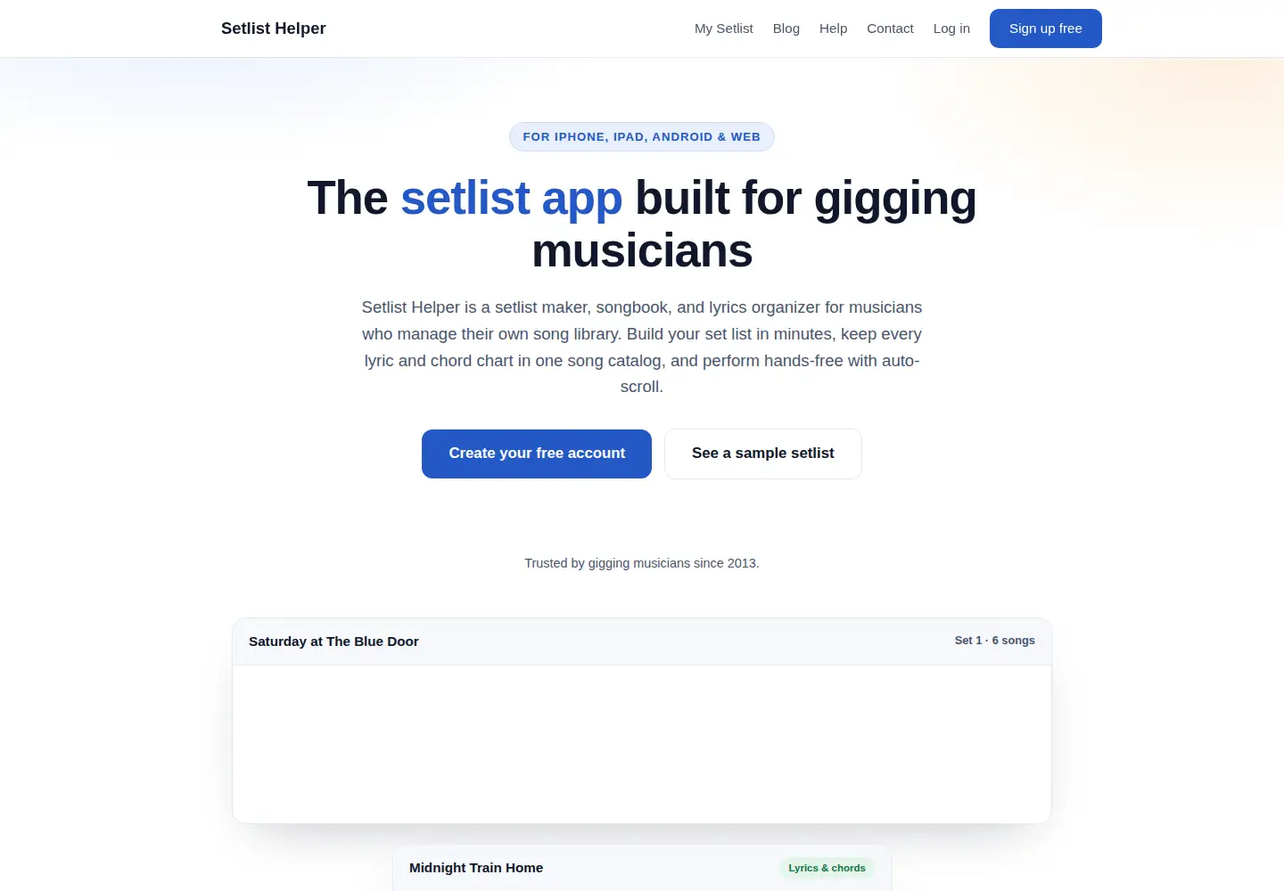 Screenshot of setlisthelper.com