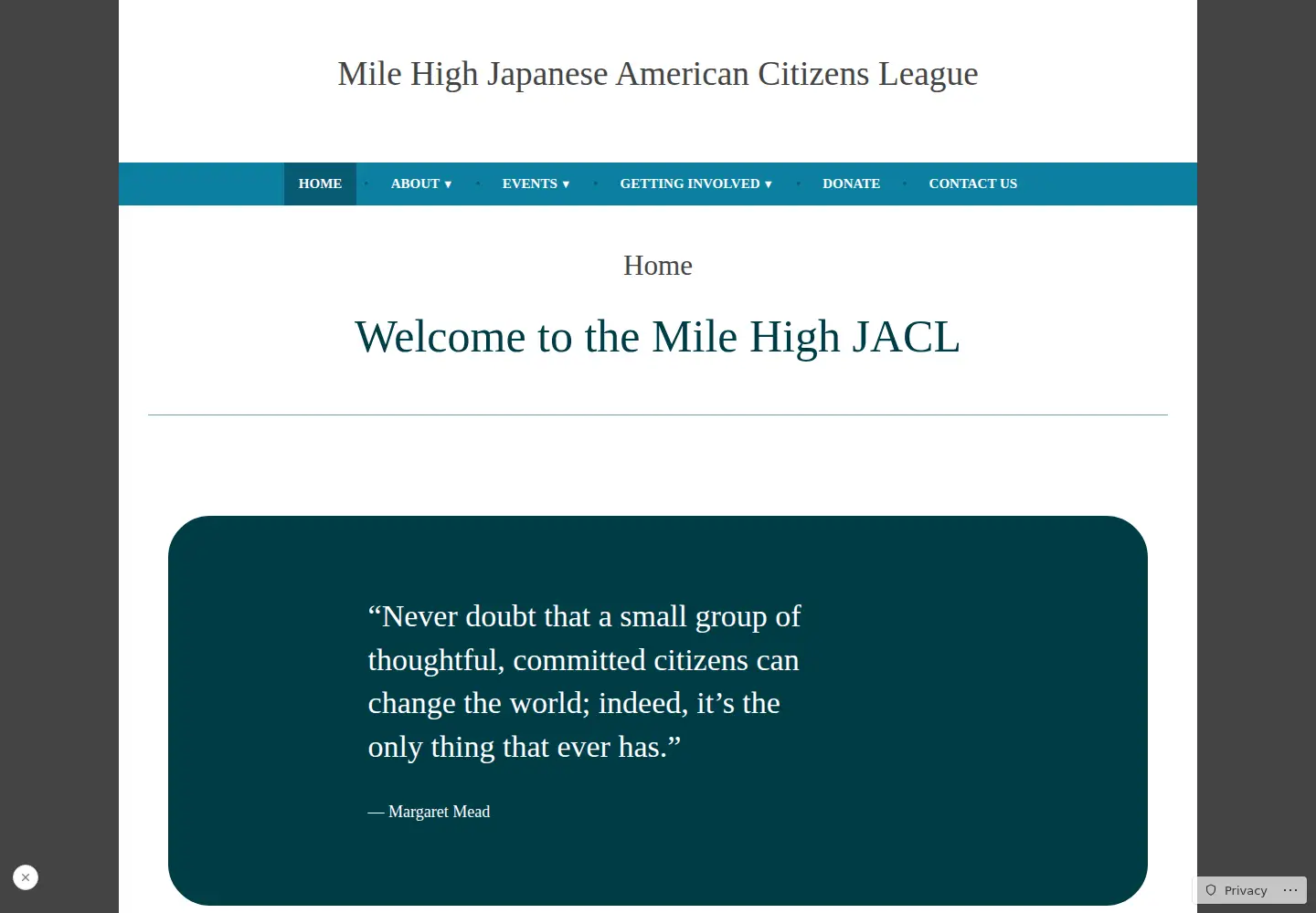 Captured homepage of milehighjacl.org in the current scan