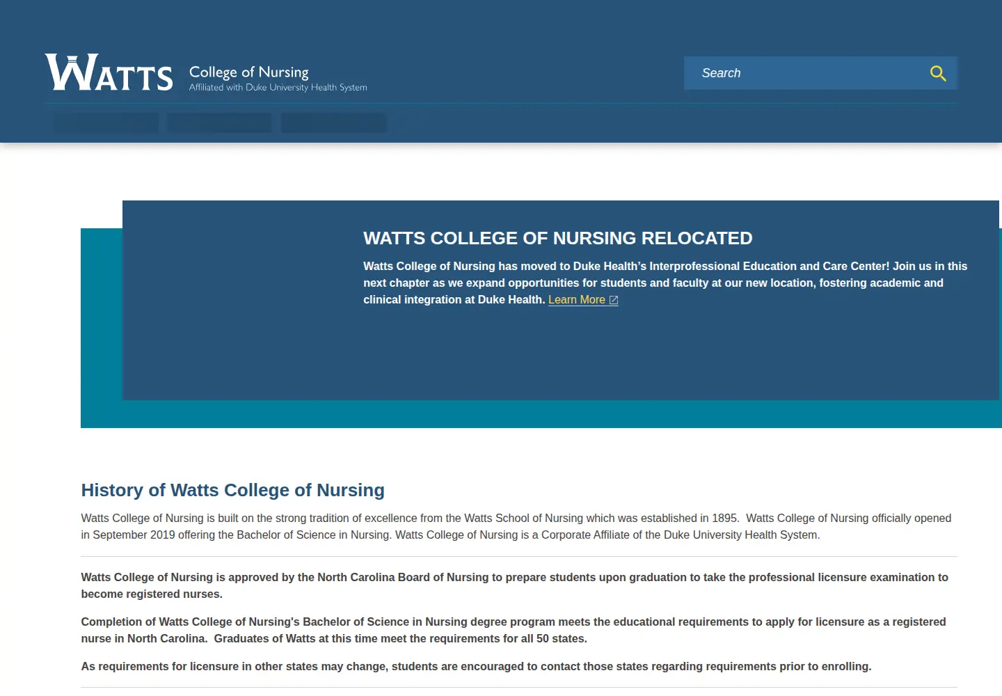 Screenshot of wattscollegeofnursing.edu