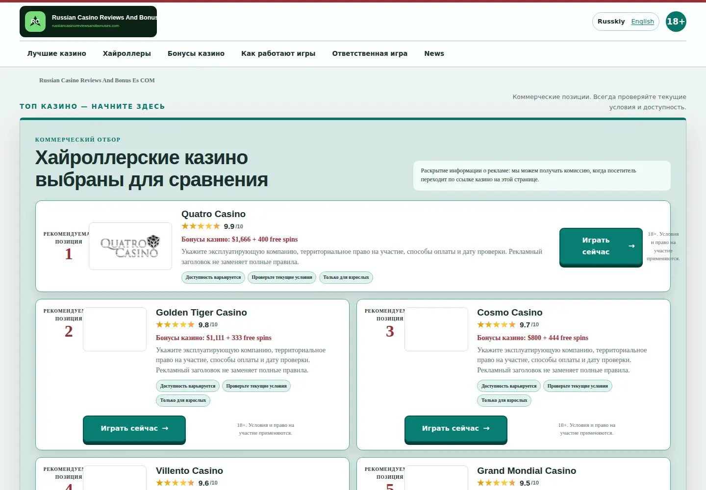 Screenshot of russiancasinoreviewsandbonuses.com