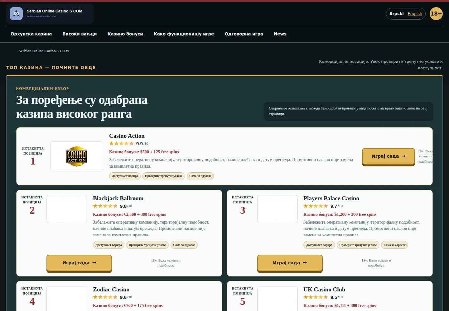 Screenshot of serbianonlinecasinos.com