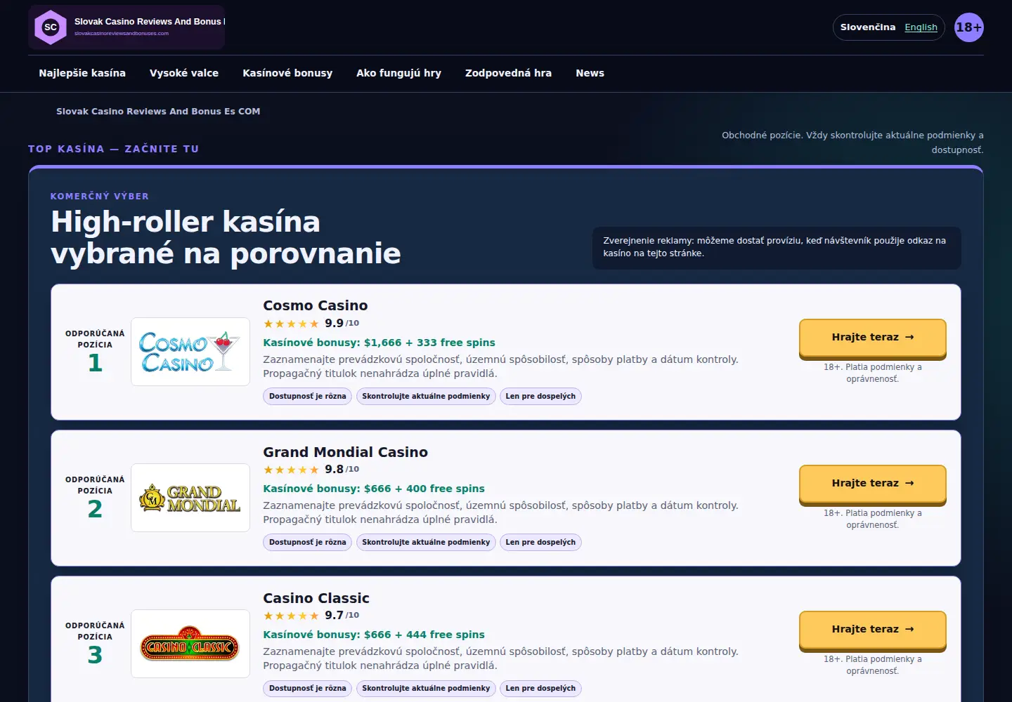 Screenshot of slovakcasinoreviewsandbonuses.com