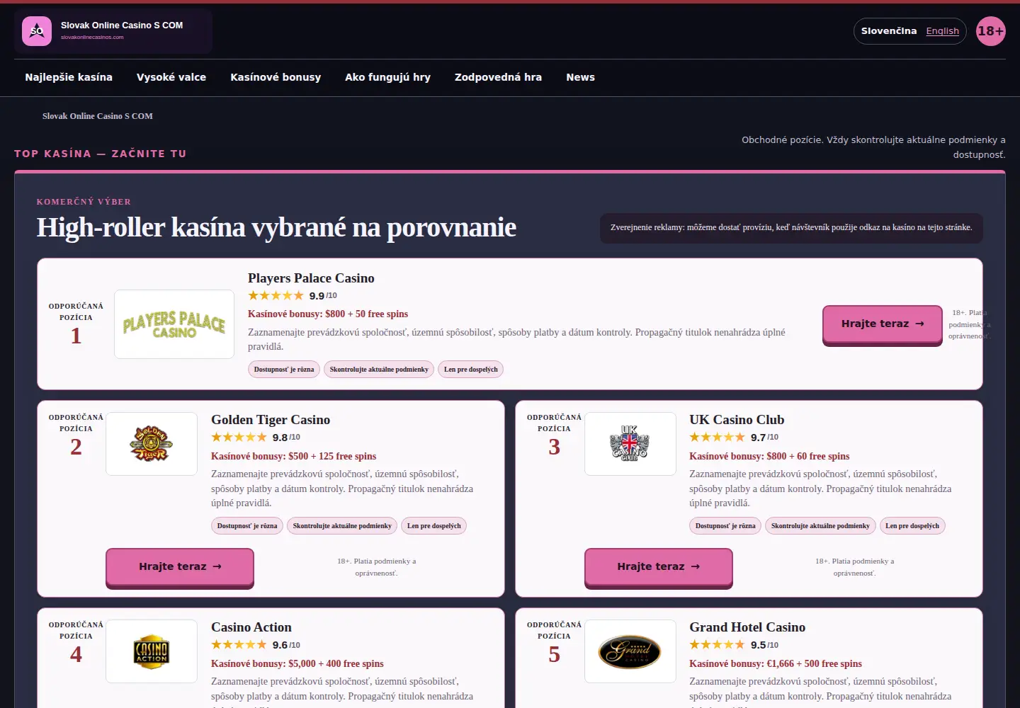 Screenshot of slovakonlinecasinos.com