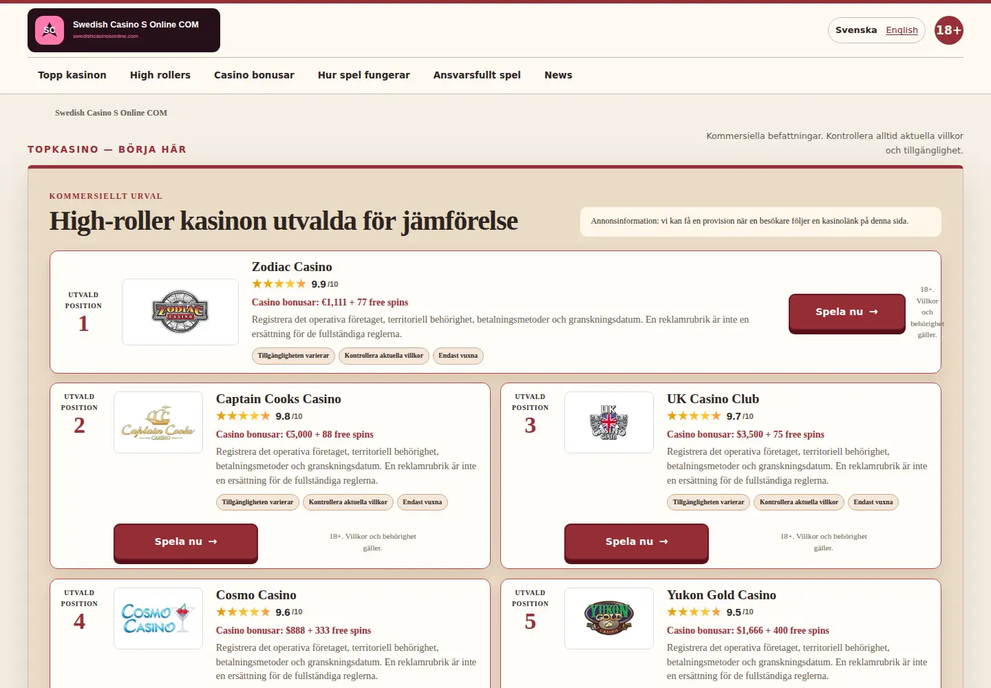 Screenshot of swedishcasinosonline.com