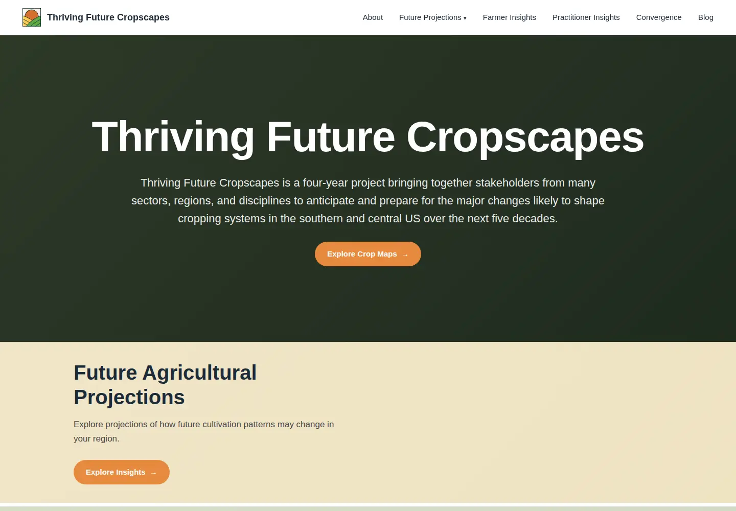 Captured homepage of thrivingfuturecropscapes.org in the current scan