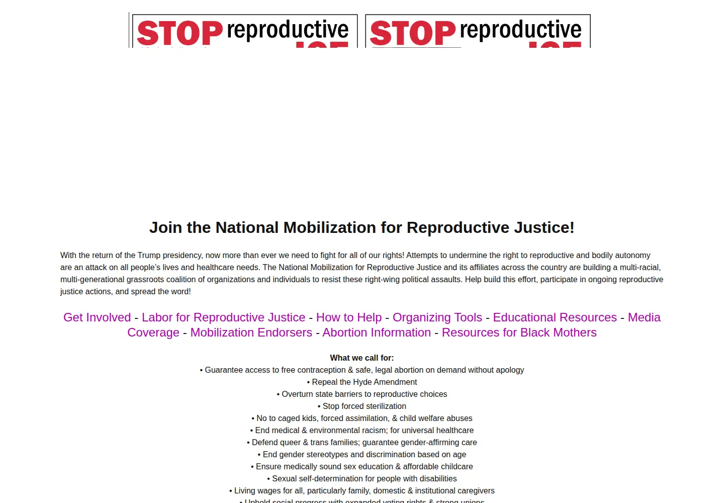 Captured homepage of reprojusticenow.org in the current scan