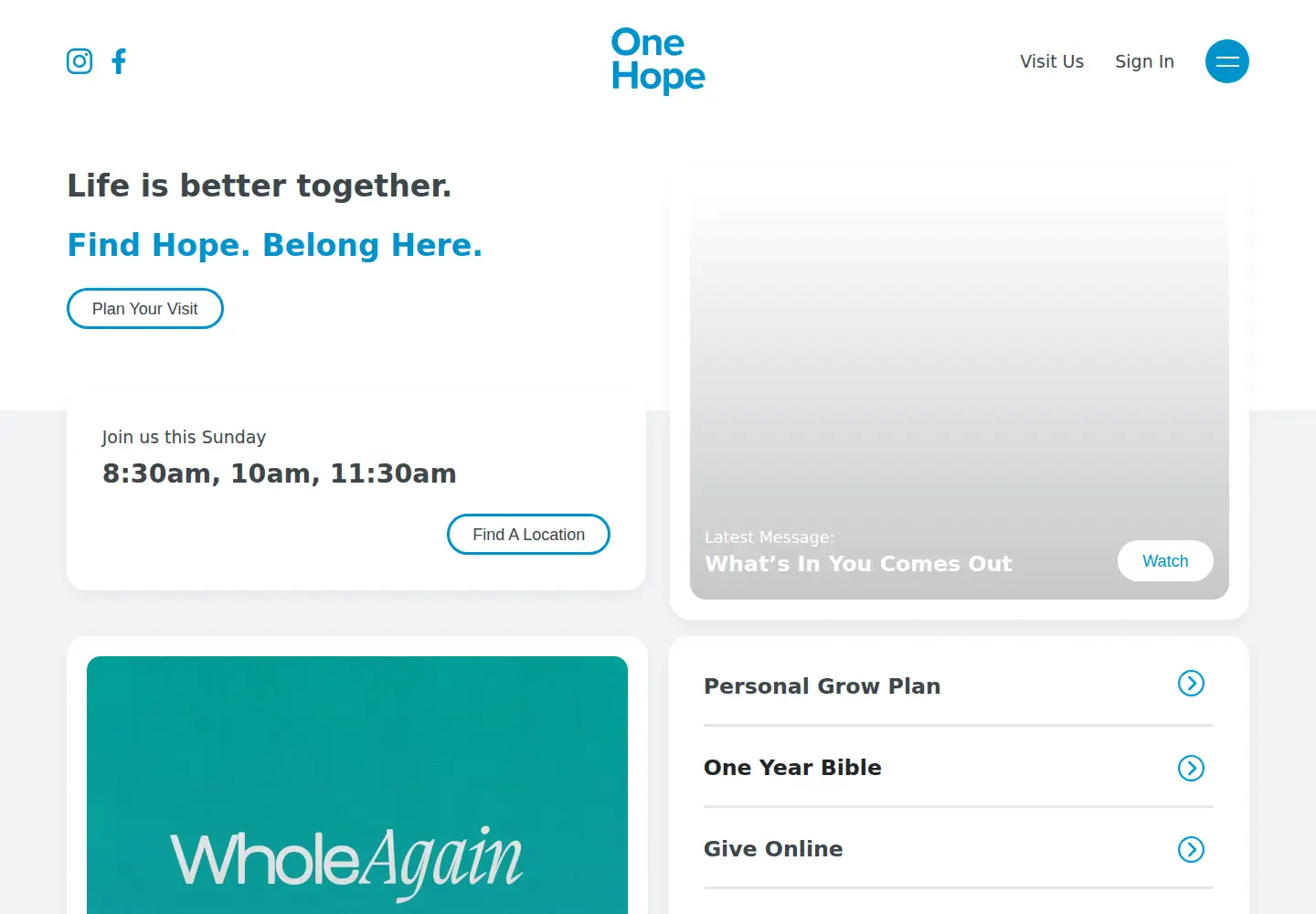 Captured homepage of onehopechurch.com in the current scan