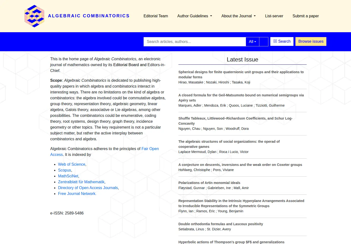 Captured homepage of algebraic-combinatorics.org in the current scan