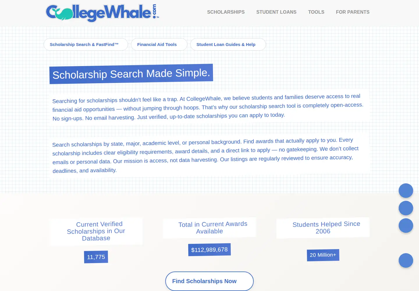 Captured homepage of collegewhale.com in the current scan
