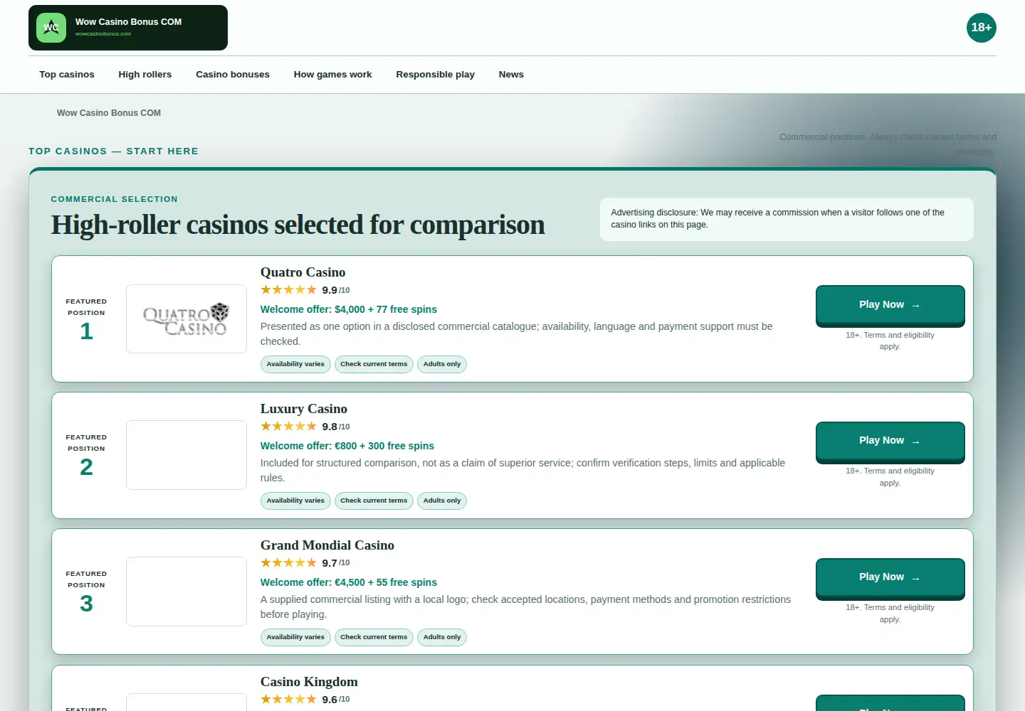Screenshot of wowcasinobonus.com