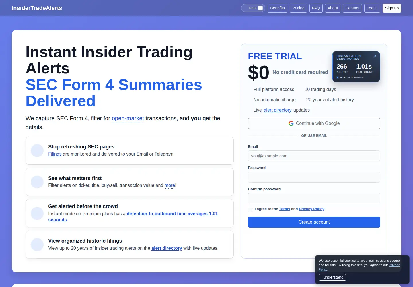 Captured homepage of insidertradealerts.com in the current scan