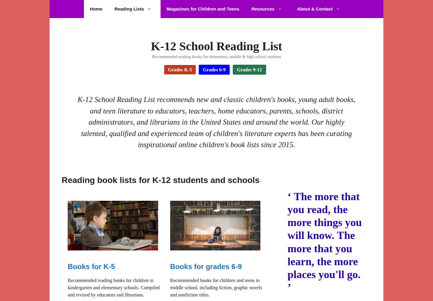 Screenshot of k-12readinglist.com