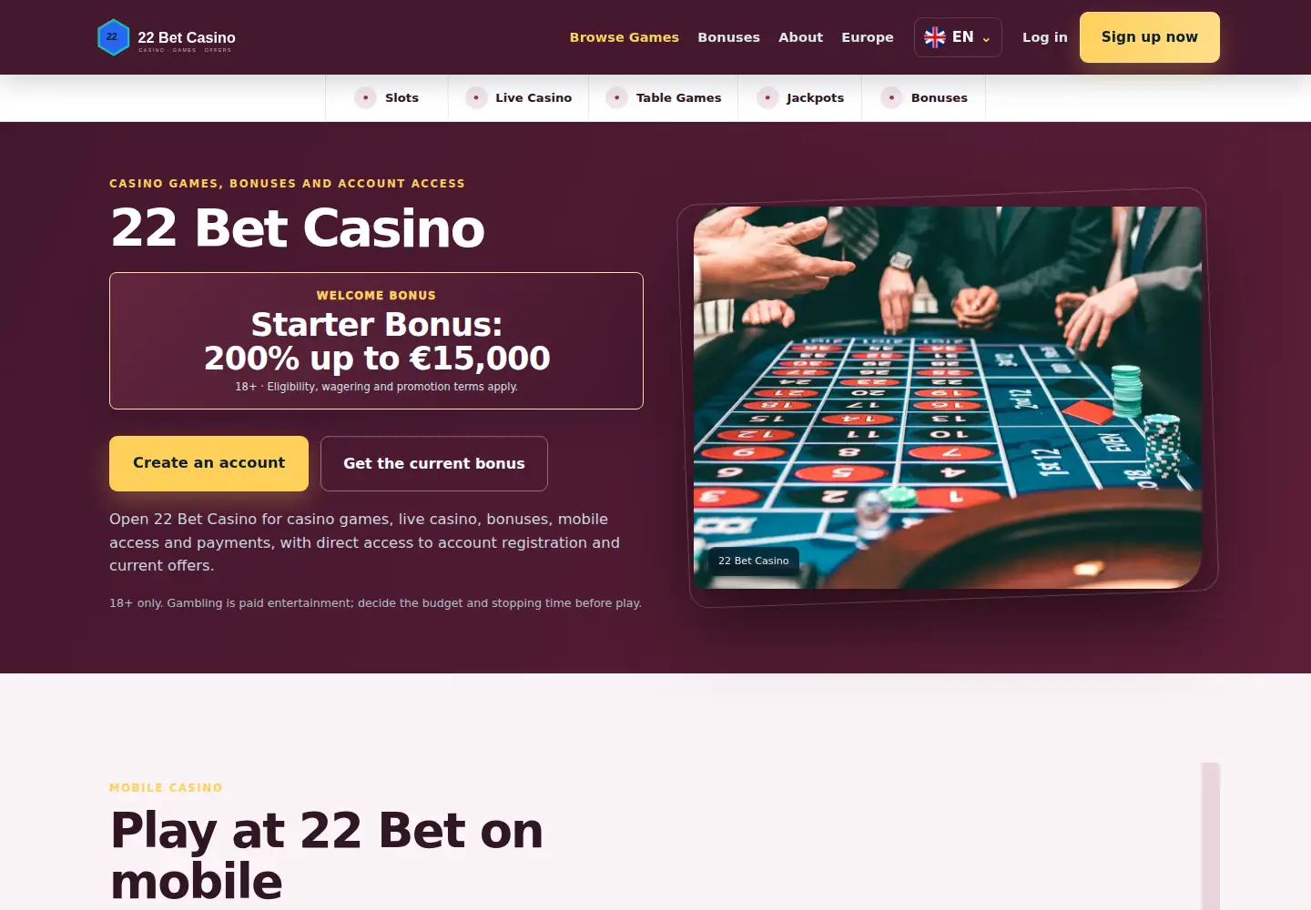 Screenshot of 22bet-casino.eu