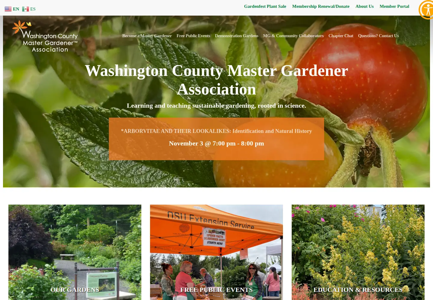 Captured homepage of washingtoncountymastergardeners.org in the current scan