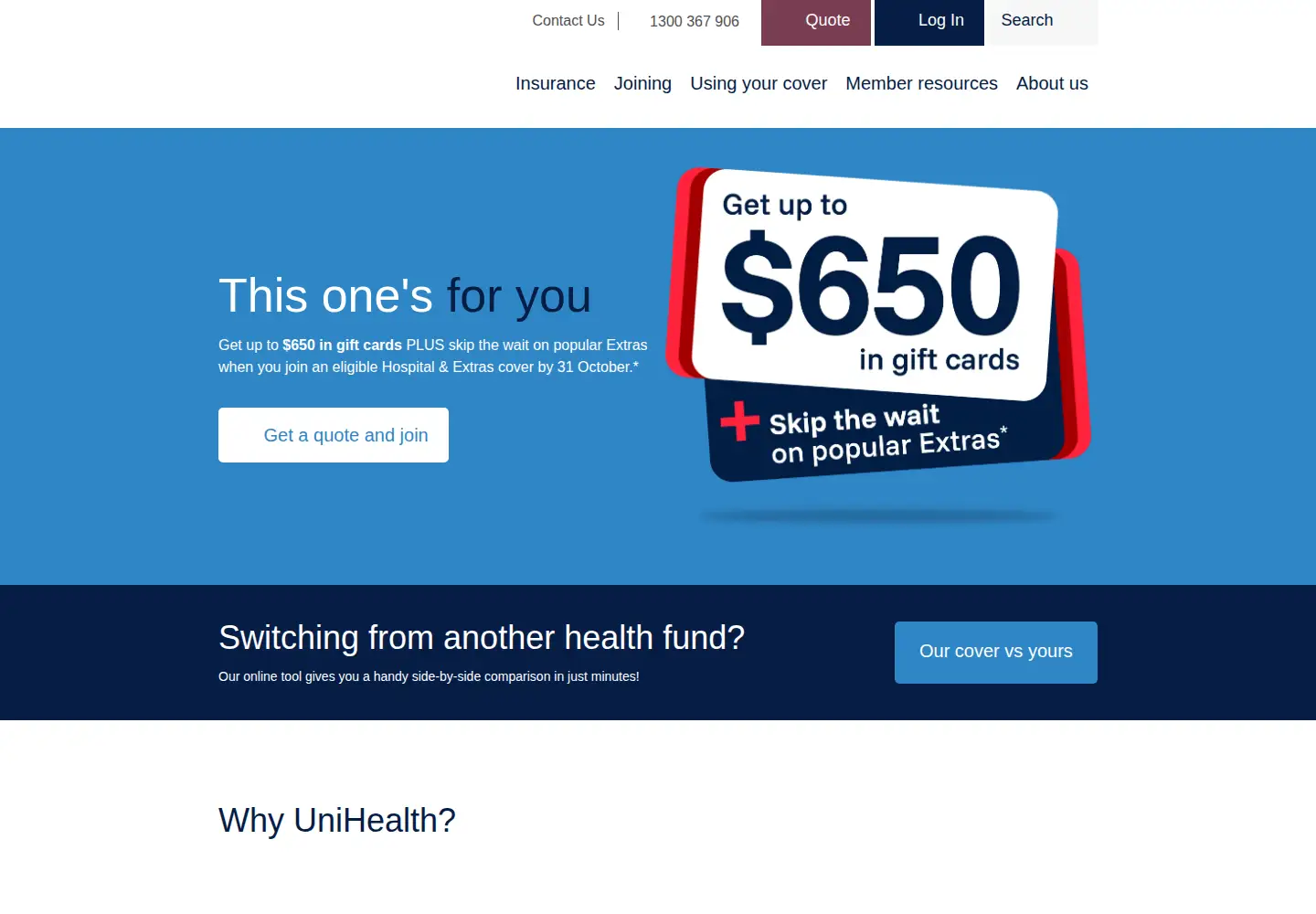 Screenshot of unihealthinsurance.com.au