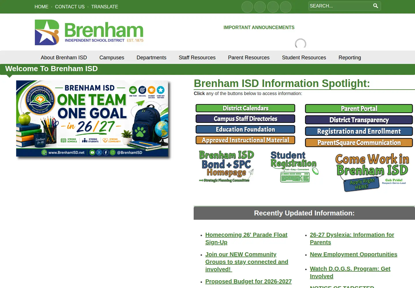 Screenshot of brenhamisd.net