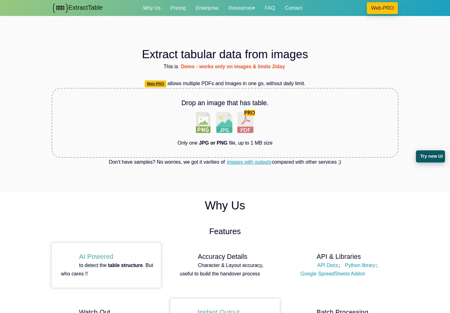 Captured homepage of extracttable.com in the current scan