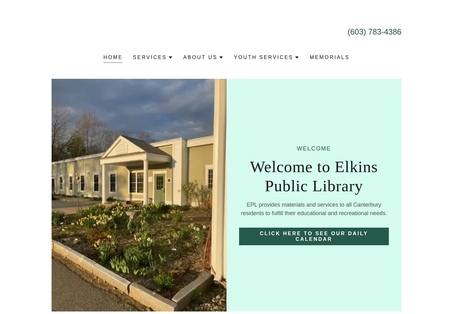 Captured homepage of elkinspubliclibrary.org in the current scan