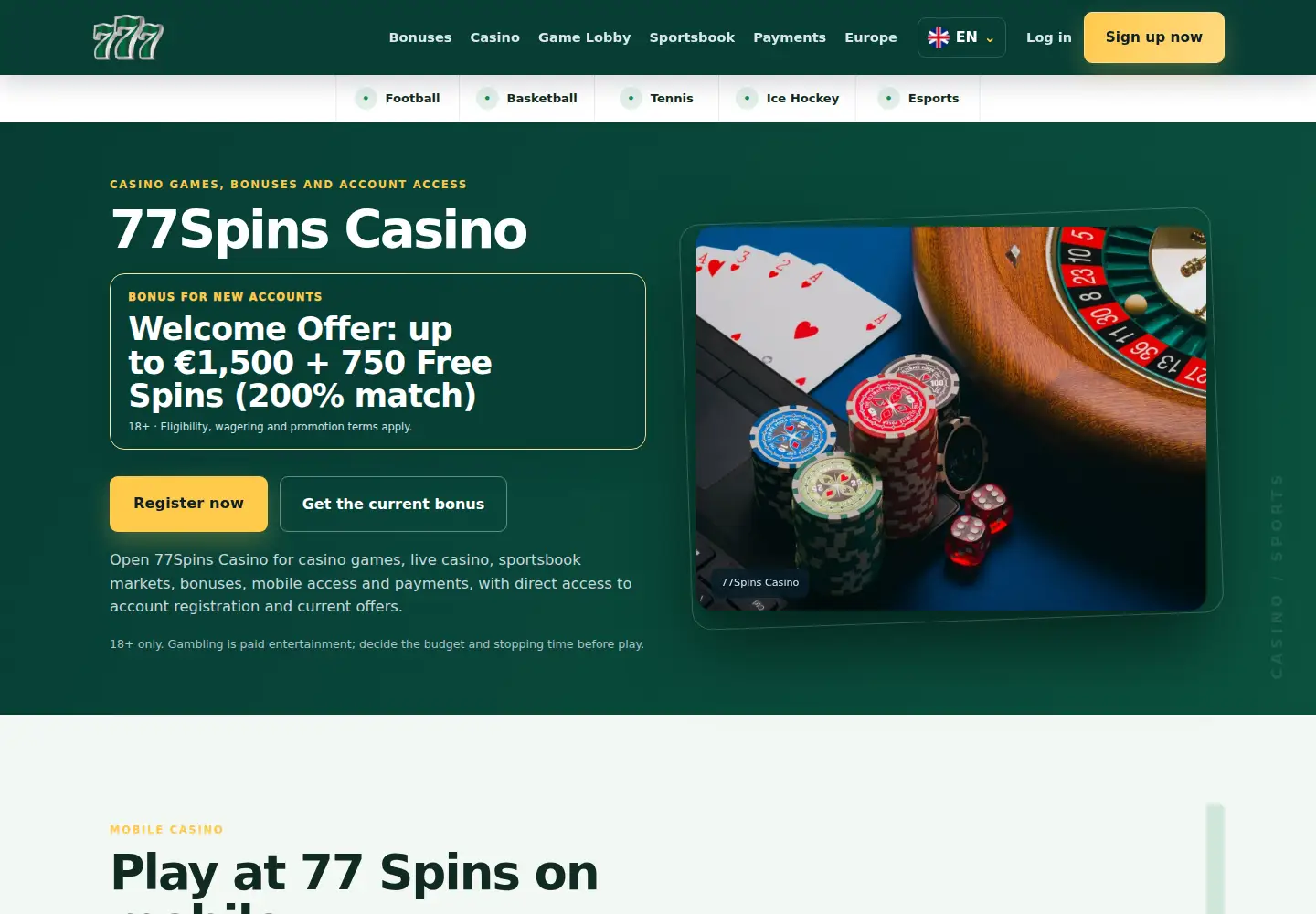 Screenshot of 77spins.eu