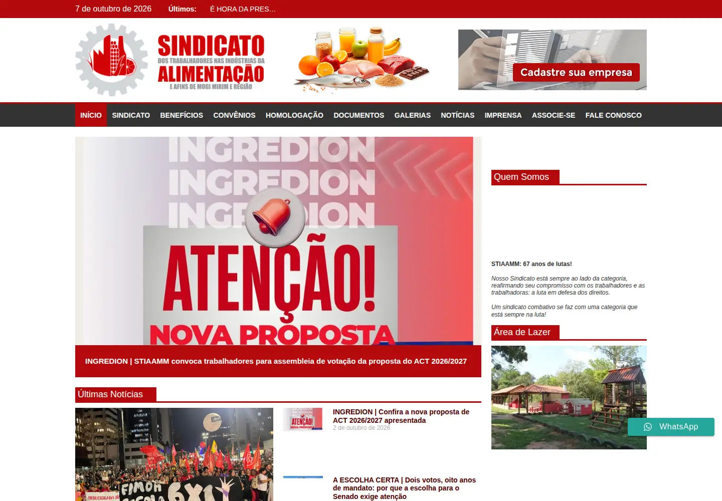Captured homepage of sindicatodaalimentacao.com.br in the current scan