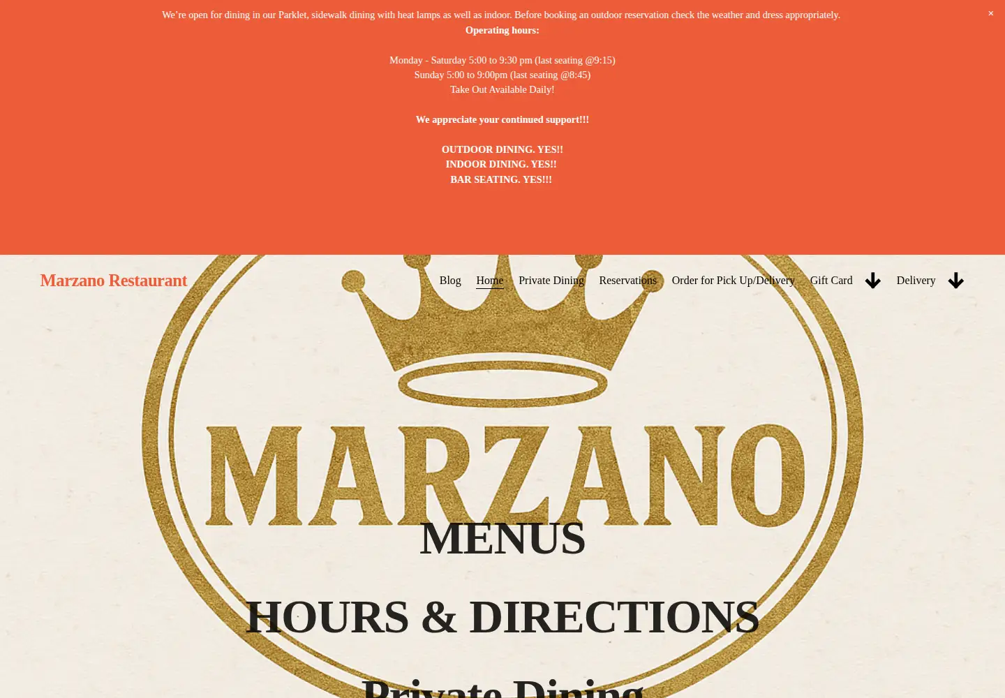 Captured homepage of marzanorestaurant.com in the current scan