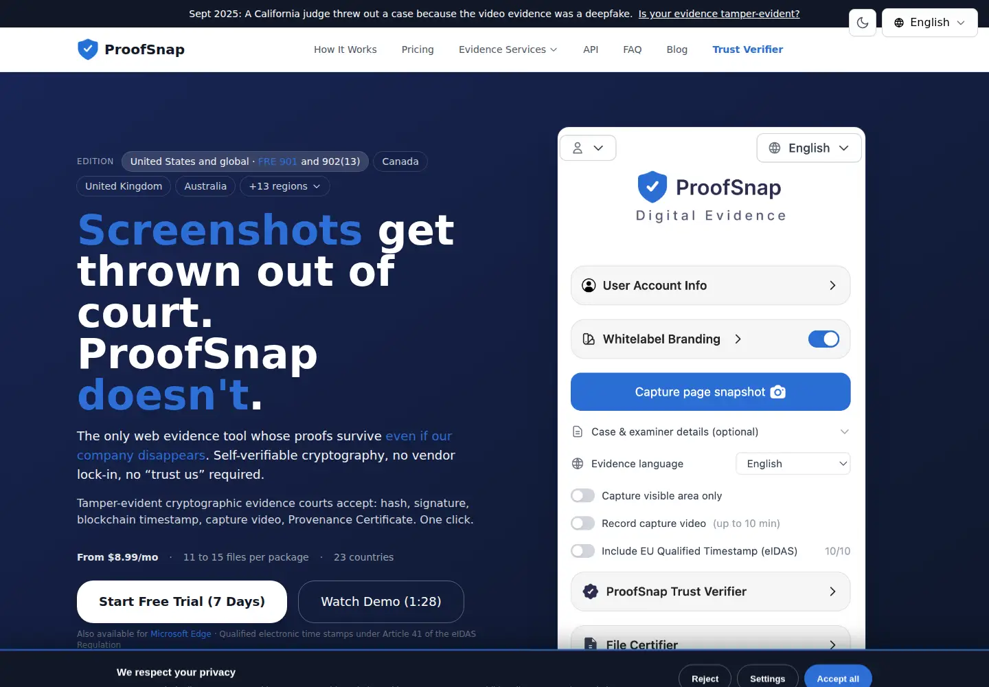 Captured homepage of getproofsnap.com in the current scan