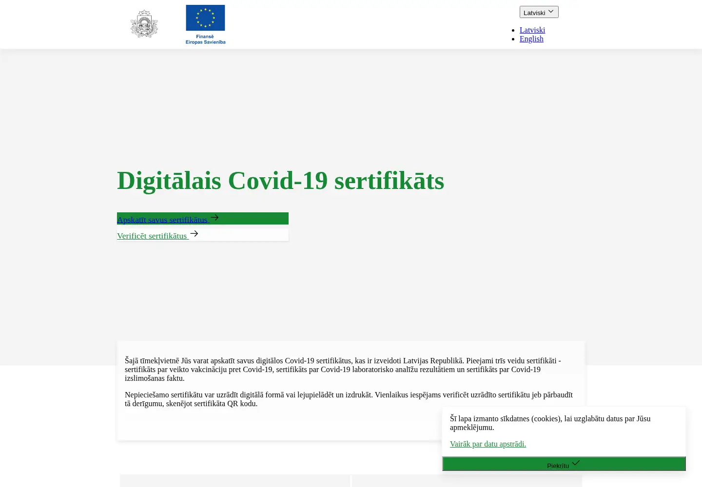 Screenshot of covid19sertifikats.lv
