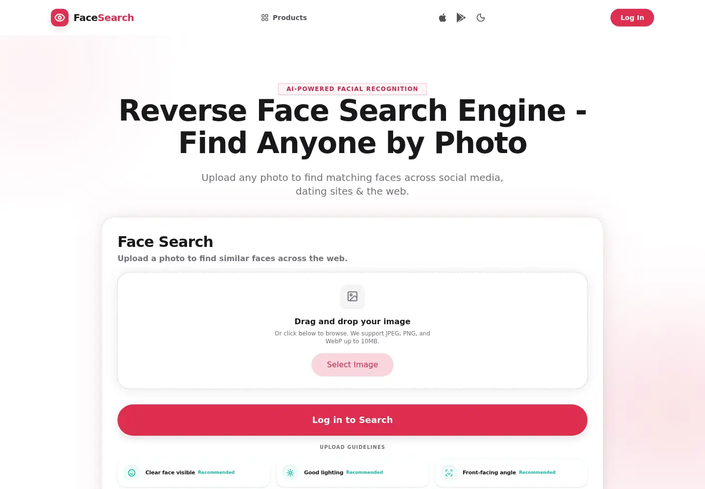 Captured homepage of facesearch.net in the current scan