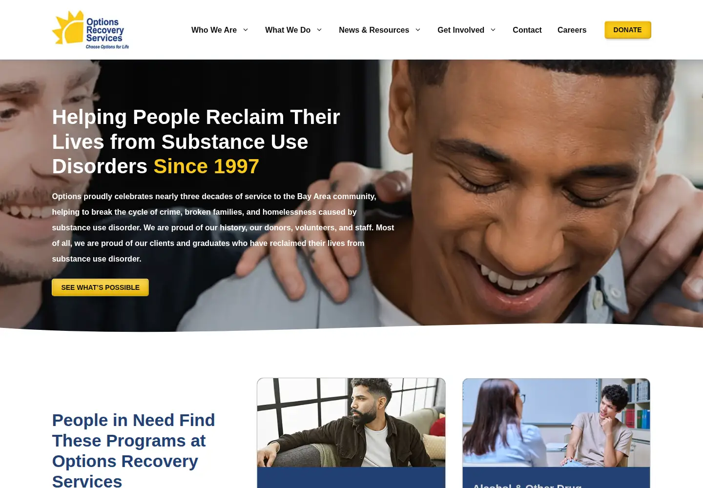 Captured homepage of optionsrecovery.org in the current scan