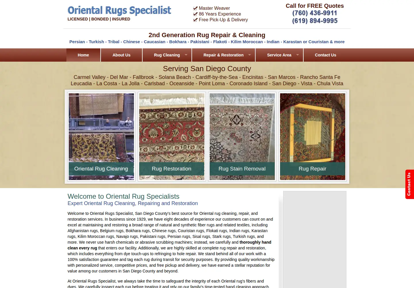 Screenshot of orientalrugrepairandcleaningsandiego.com