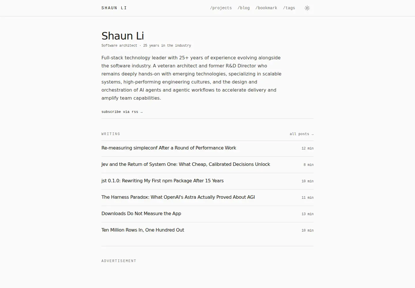 Captured homepage of shaunli.com in the current scan