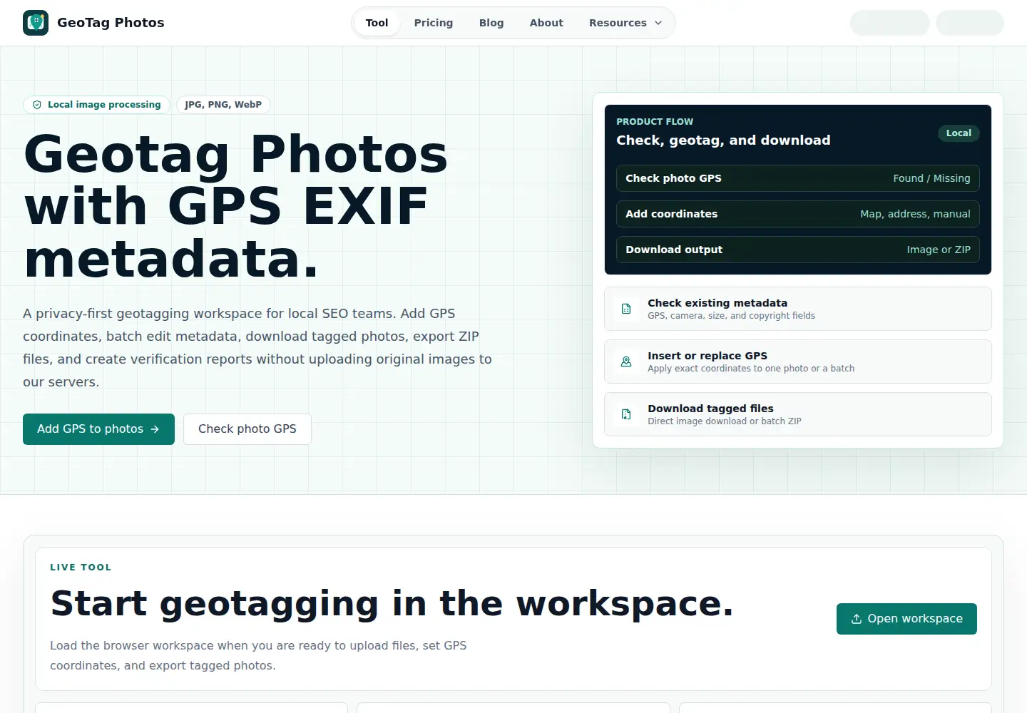 Captured homepage of geotagphotos.app in the current scan