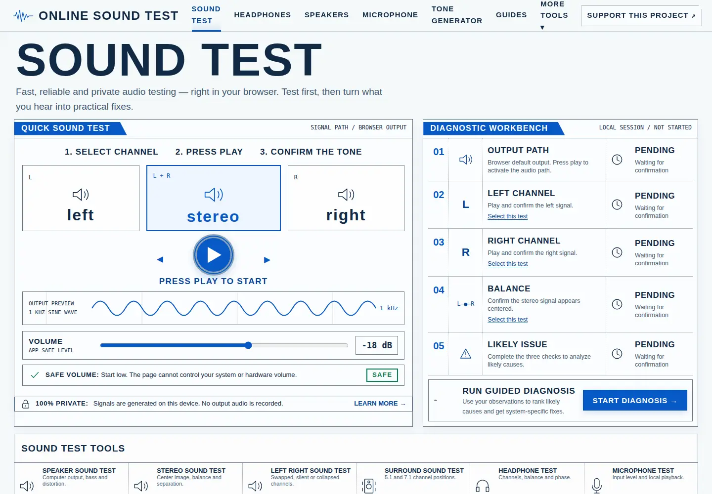 Captured homepage of onlinesoundtest.com in the current scan