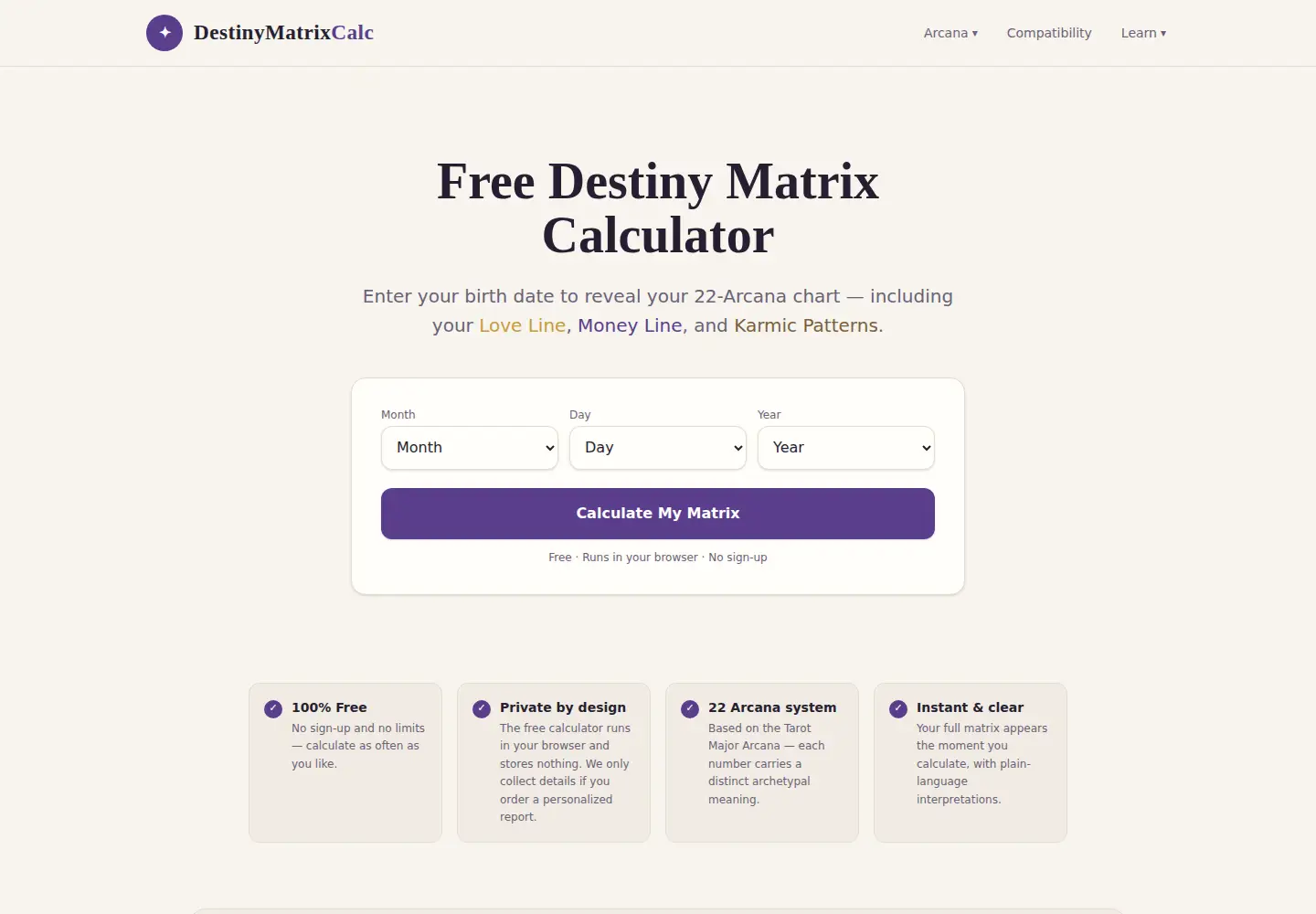 Captured homepage of destinymatrixcalc.org in the current scan