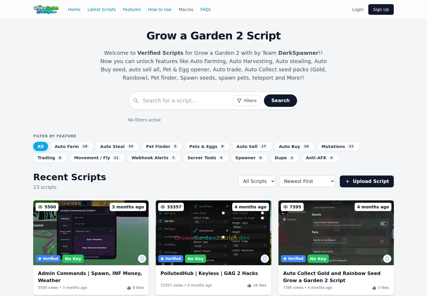 Captured homepage of growagarden2script.dev in the current scan