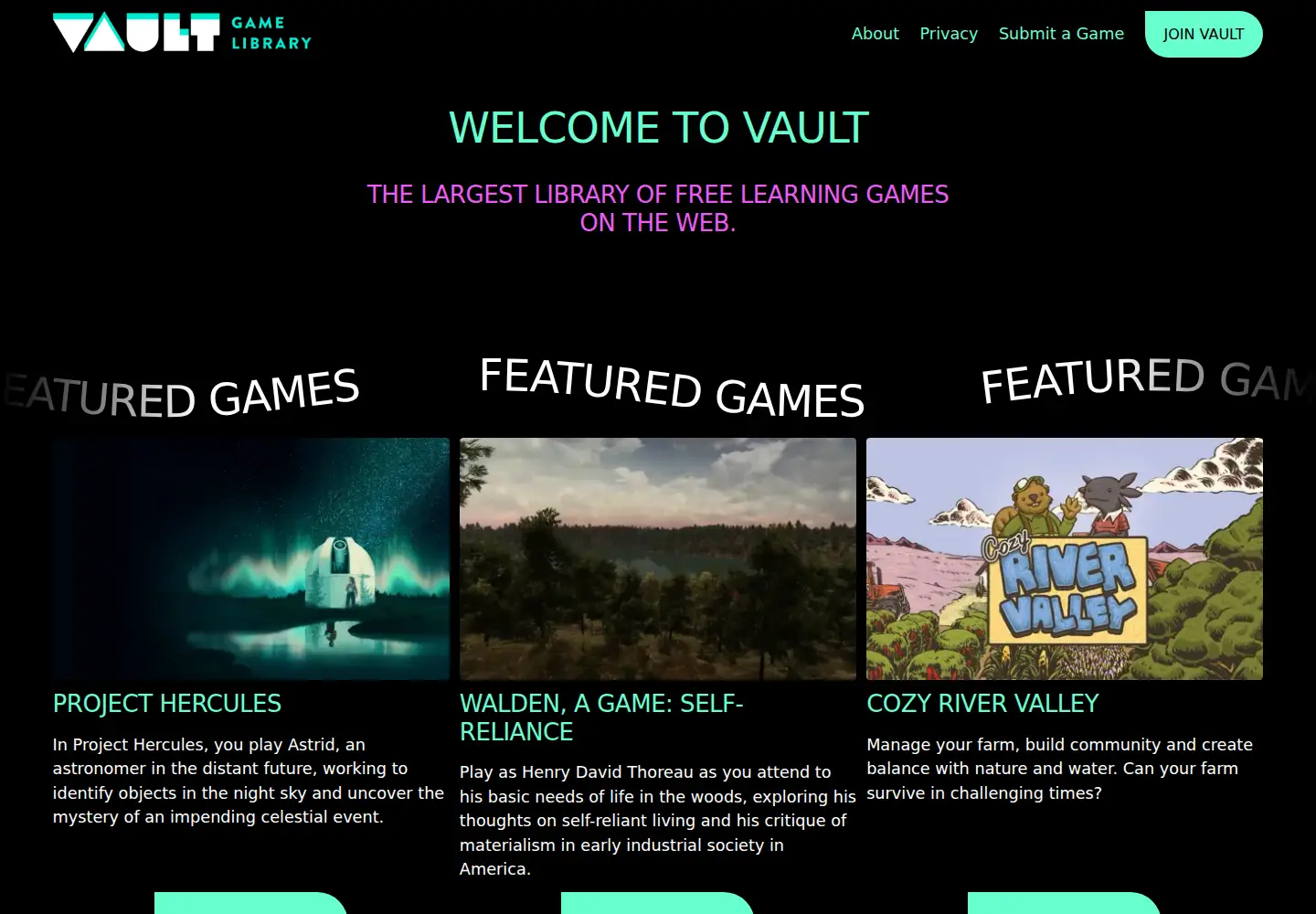 Screenshot of vaultlearninggames.org