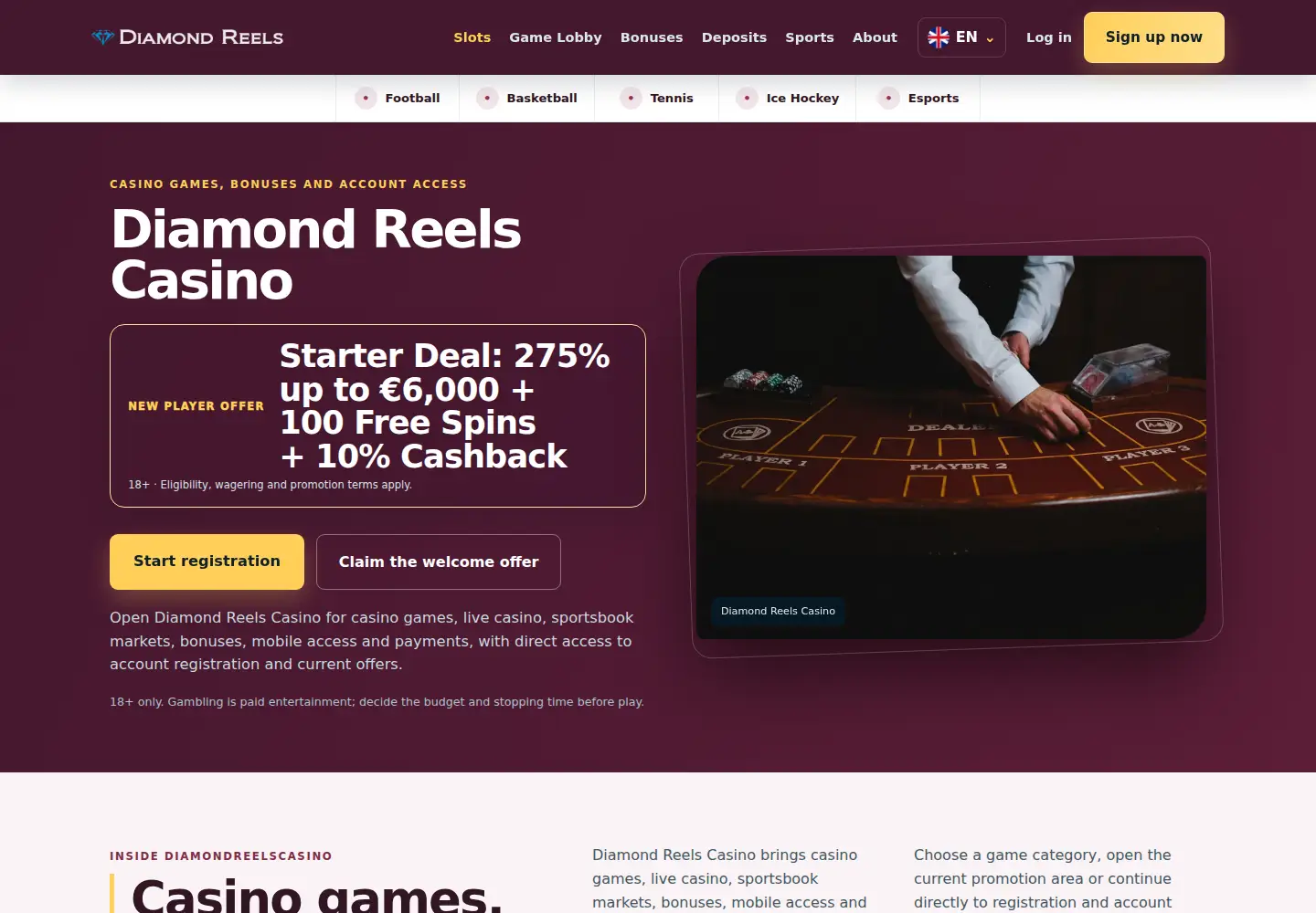 Screenshot of diamondreelscasino.eu