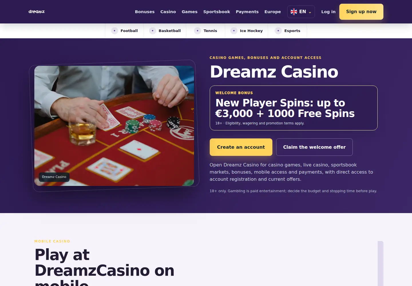 Screenshot of dreamzcasino.eu