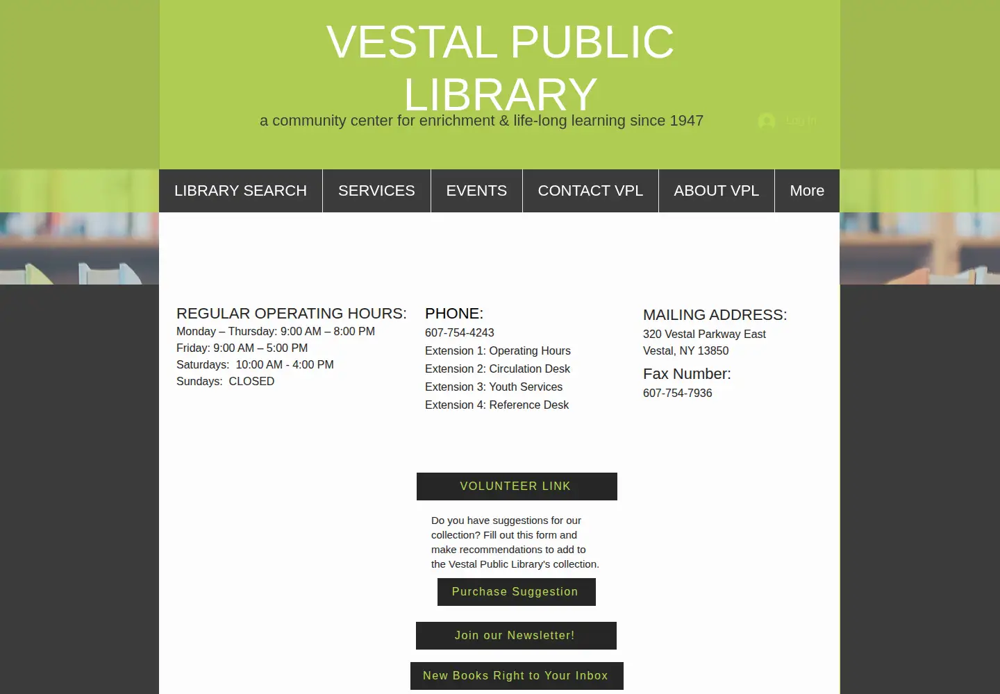 Captured homepage of vestalpubliclibrary.org in the current scan